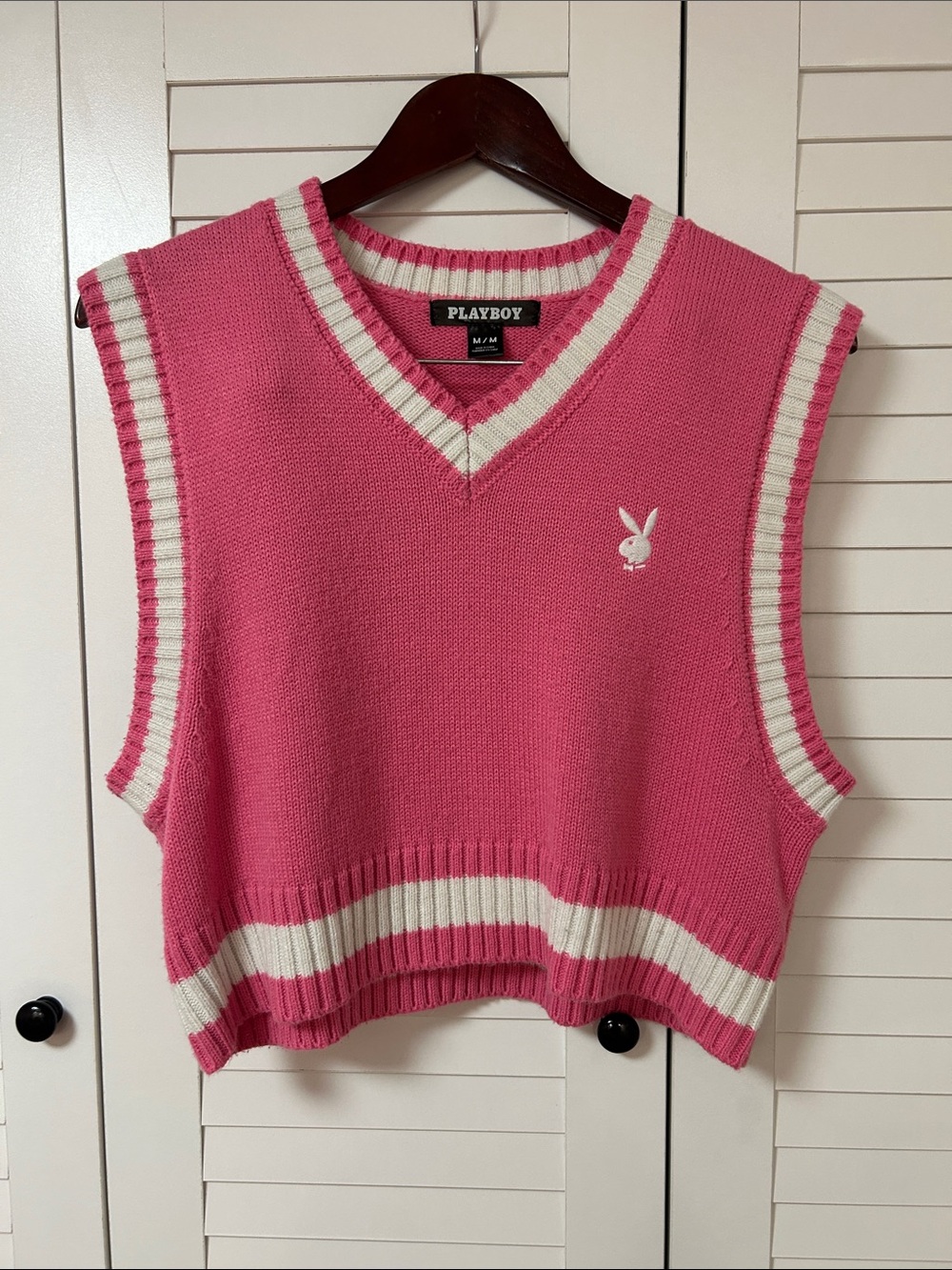PLAYBOY Pink Cropped V-Neck Sweater Vest with Cream Trim